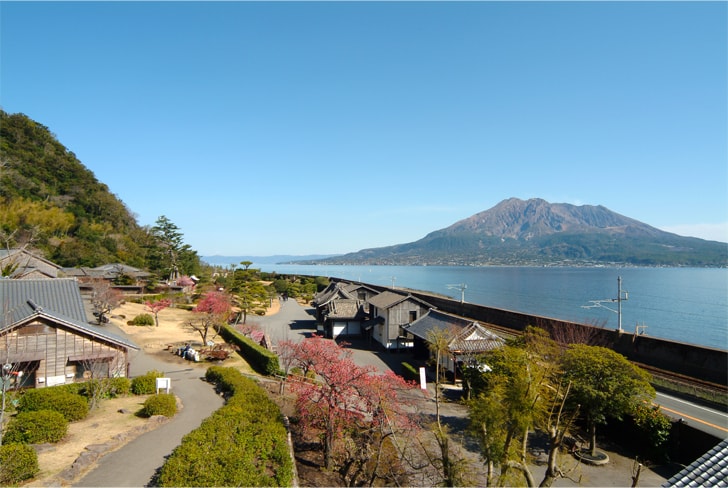 桜島を背景に雄大な景色の仙巌園の写真
