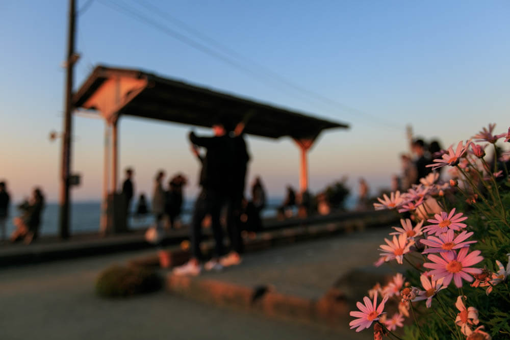夕日を見ようとする観光客で混雑する下灘駅の写真