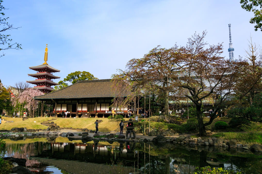 伝法院庭園から五重の塔と東京スカイツリーを撮影した写真