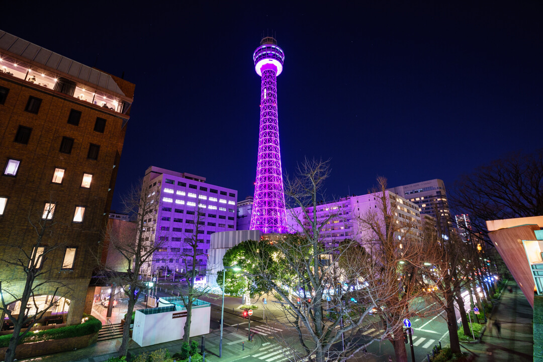 “ライトアップされた横浜マリンタワーを撮影した写真”