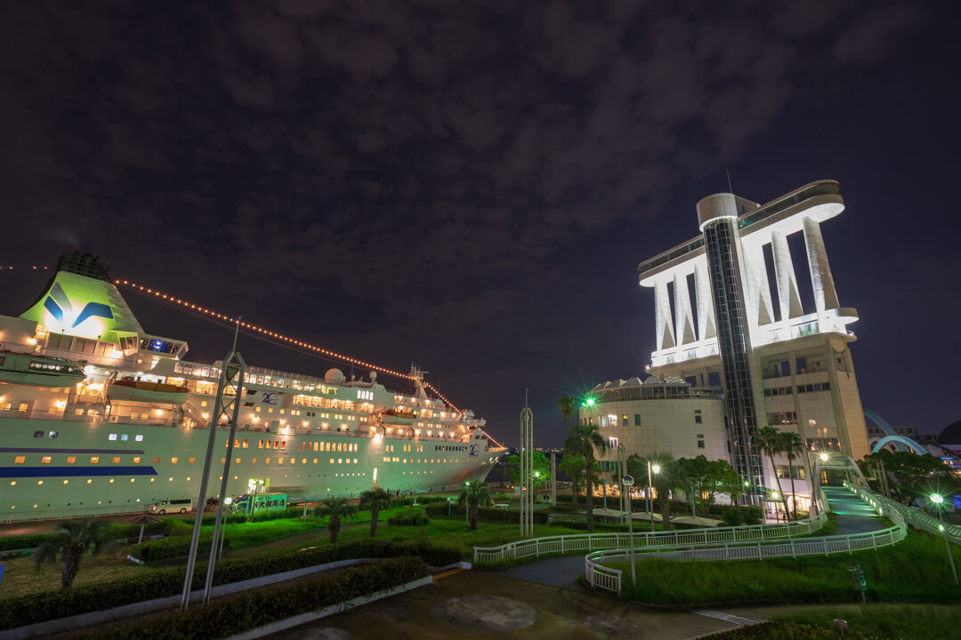 ガーデンふ頭臨港緑園から撮影した豪華客船の写真