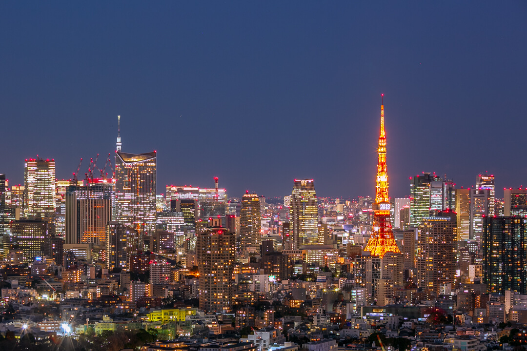 恵比寿ガーデンプレイス展望台・スカイラウンジから撮影した東京タワーとスカイツリーの夜景
